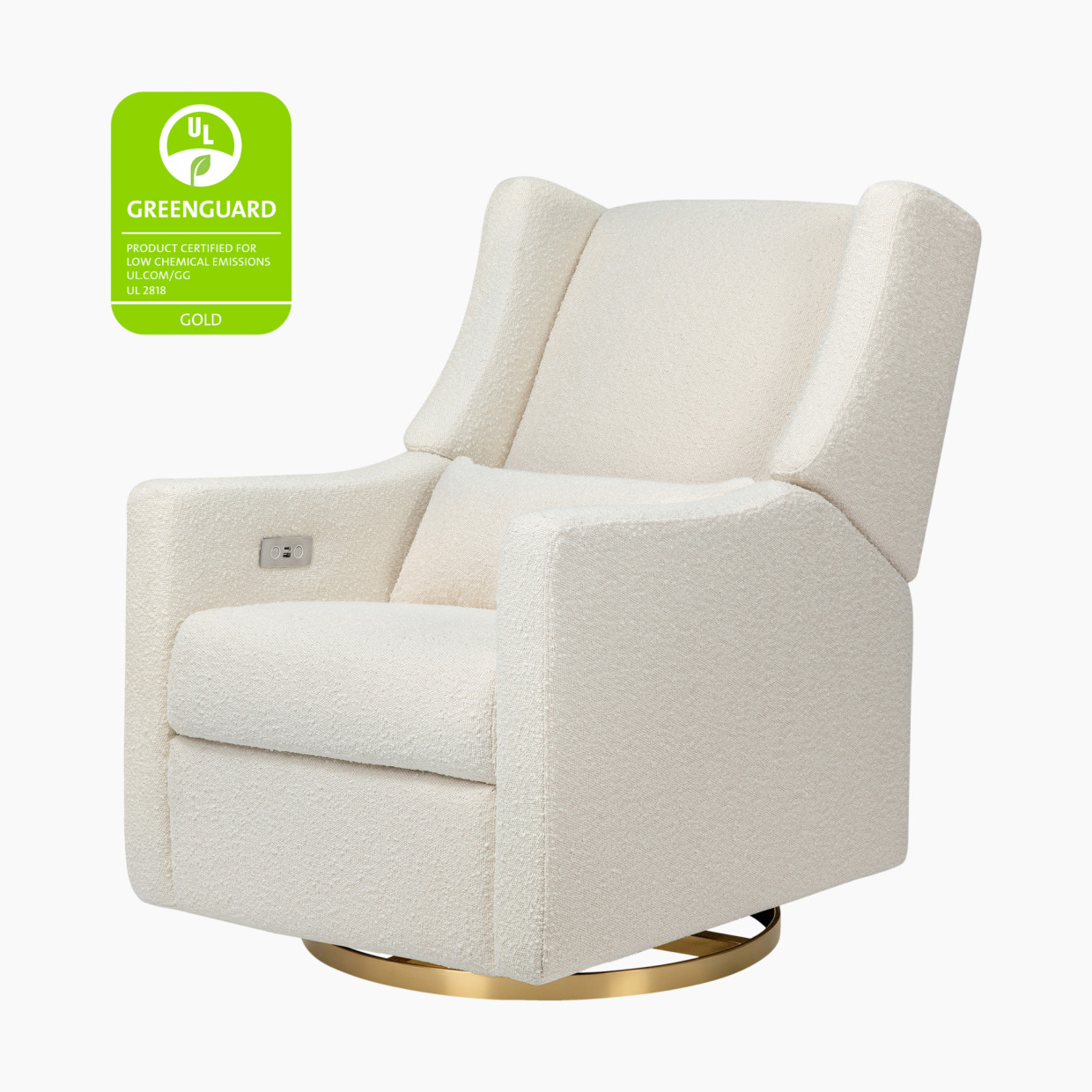 babyletto Kiwi Electronic Recliner and Swivel Glider - Ivory Boucle With Gold Base.