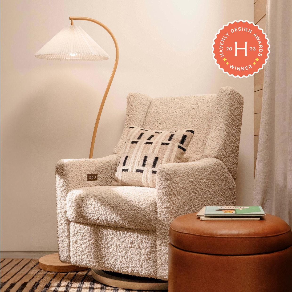 babyletto Kiwi Electronic Recliner and Swivel Glider - Almond Teddy Loop With Light Wood Base.