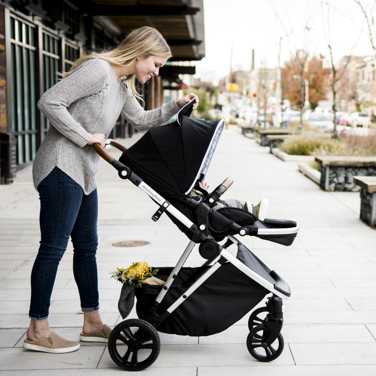 Mockingbird Single Stroller 2.0 - Black/Windowpane Canopy With Black Leather.