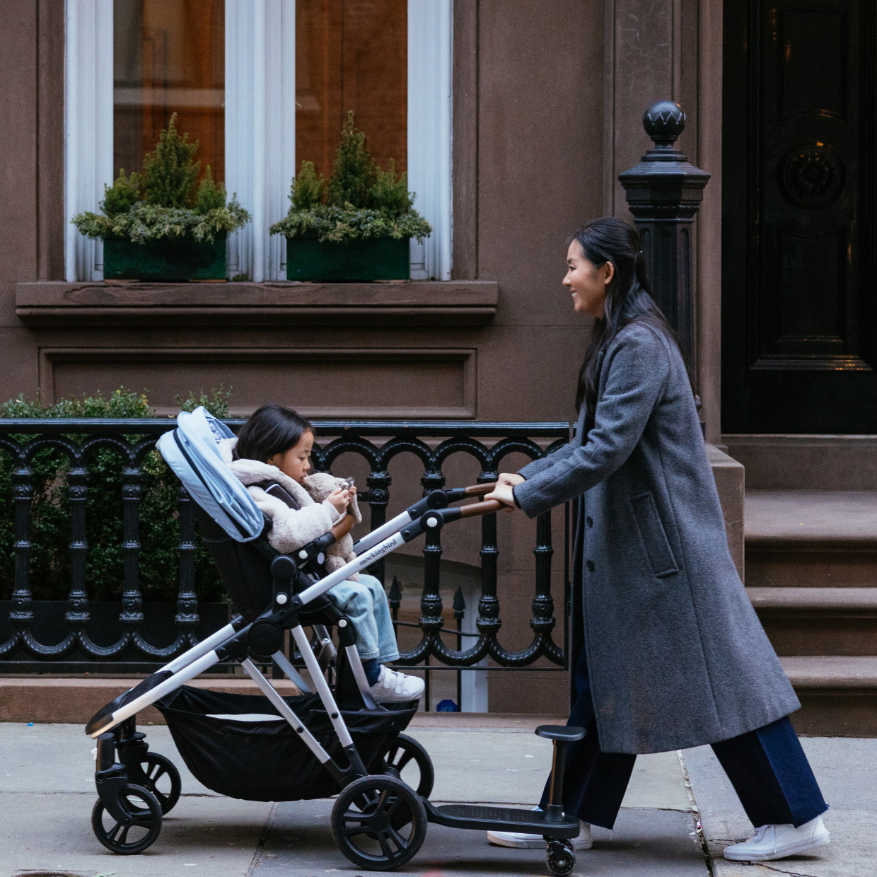Mockingbird Single Stroller 2.0 - Black/Windowpane Canopy With Black Leather.