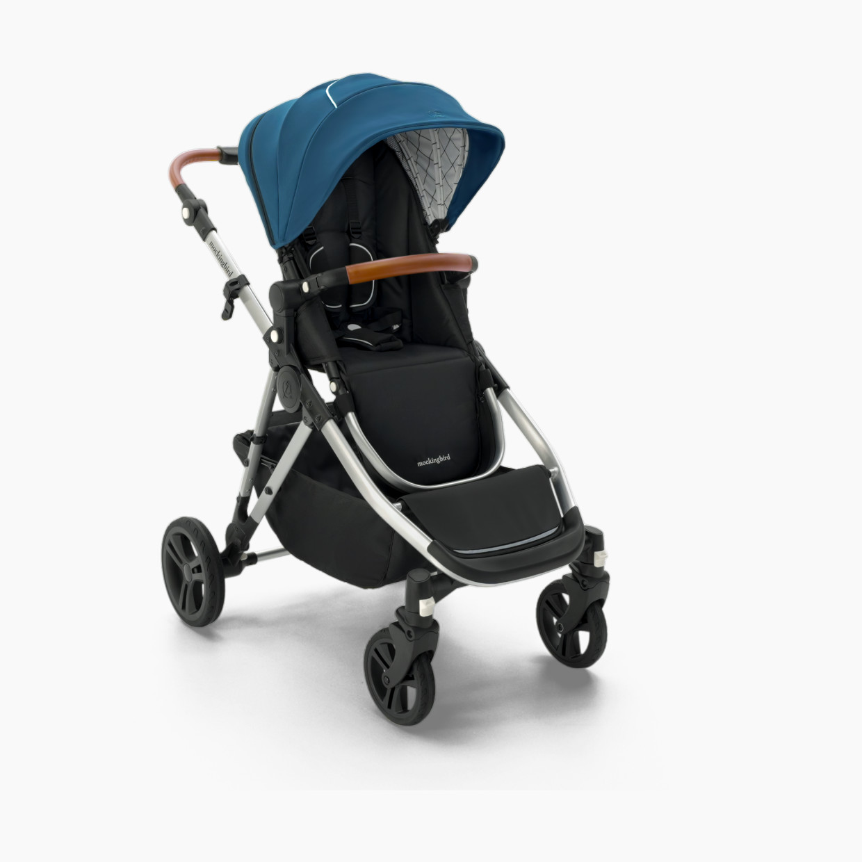 Mockingbird Single-to-Double Stroller 2.0 - Sea/Windowpane Canopy With Penny Leather.