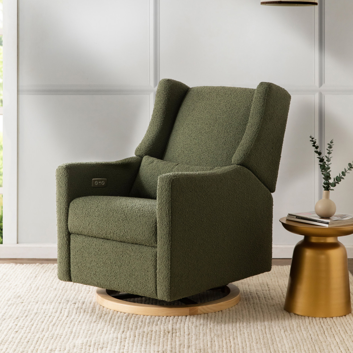 babyletto Kiwi Electronic Recliner and Swivel Glider - Olive Boucle With Light Base.