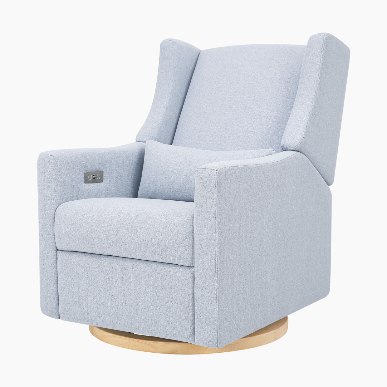 babyletto Kiwi Electronic Recliner and Swivel Glider - Performance Chambray Eco-Twill With Light Wood Base.