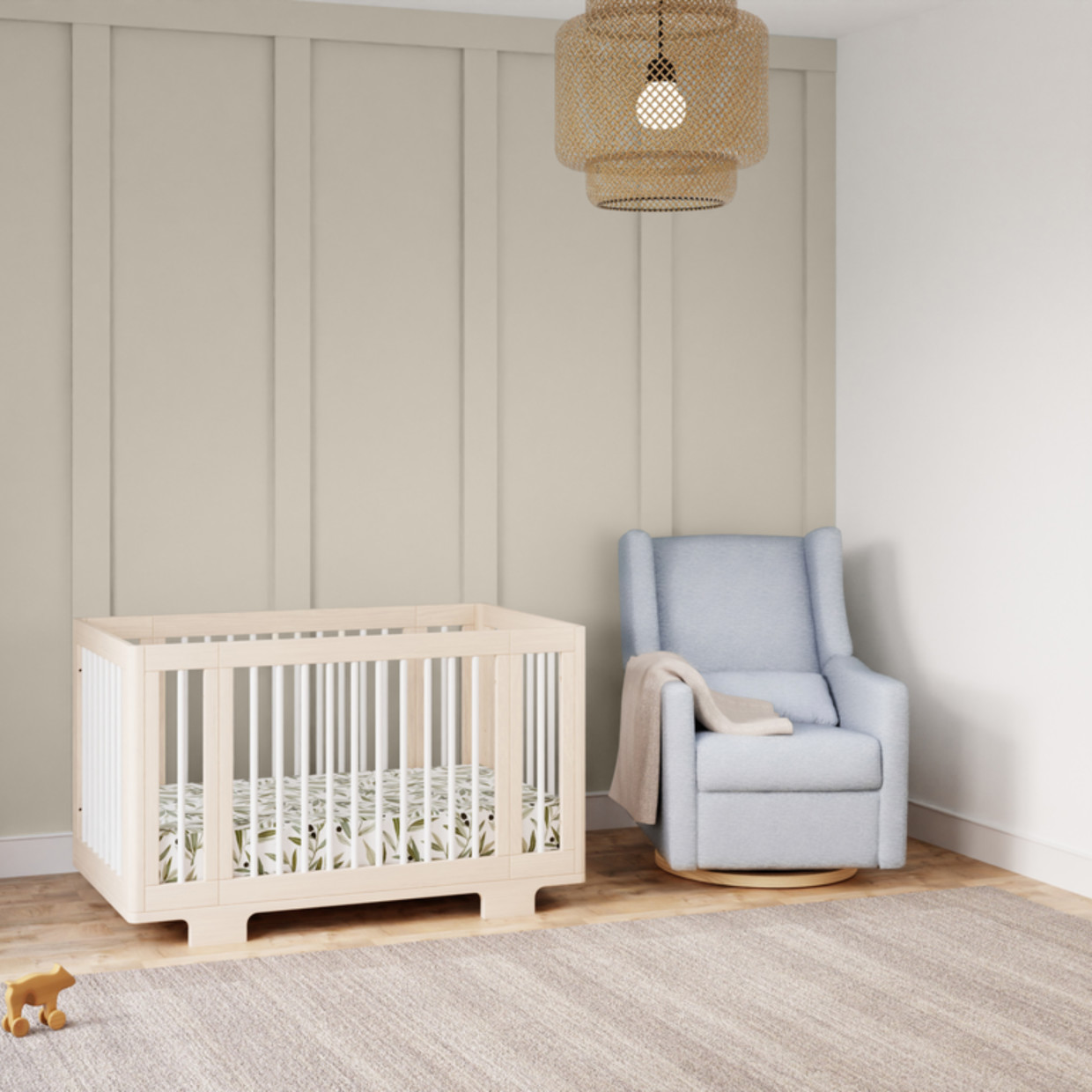 babyletto Kiwi Electronic Recliner and Swivel Glider - Performance Chambray Eco-Twill With Light Wood Base.