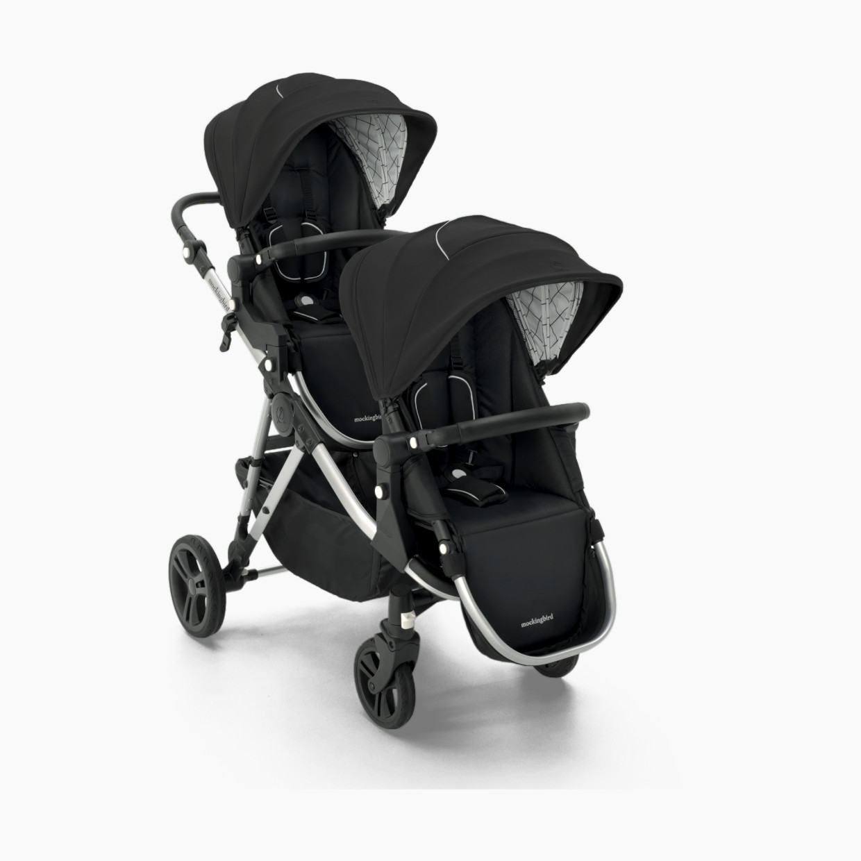 Mockingbird Single-to-Double Stroller 2.0 - Black/Windowpane Canopy With Black Leather.