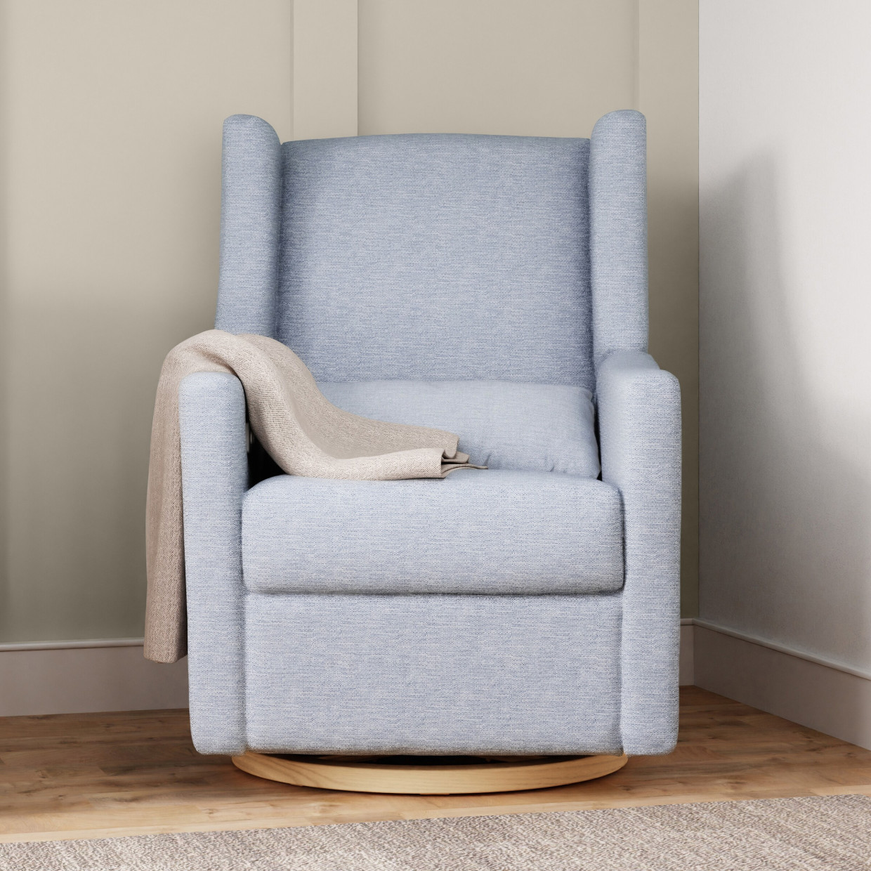 babyletto Kiwi Electronic Recliner and Swivel Glider - Performance Chambray Eco-Twill With Light Wood Base.