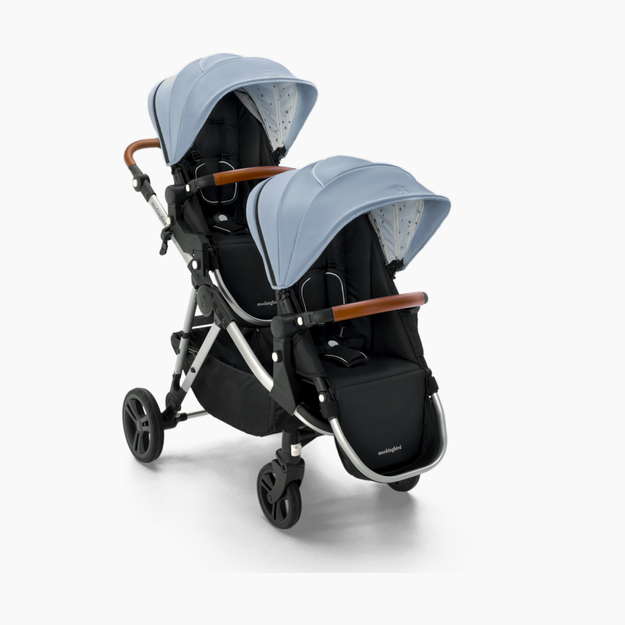 Mockingbird Single-to-Double Stroller 2.0 - Sky/Watercolor Canopy With Penny Leather.