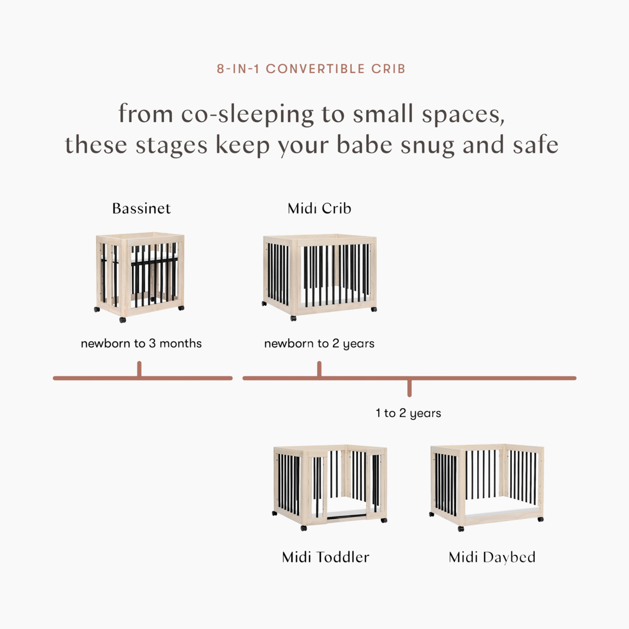 babyletto Yuzu 8-in-1 Convertible Crib with All-Stages Conversion Kits - Washed Natural / Black.