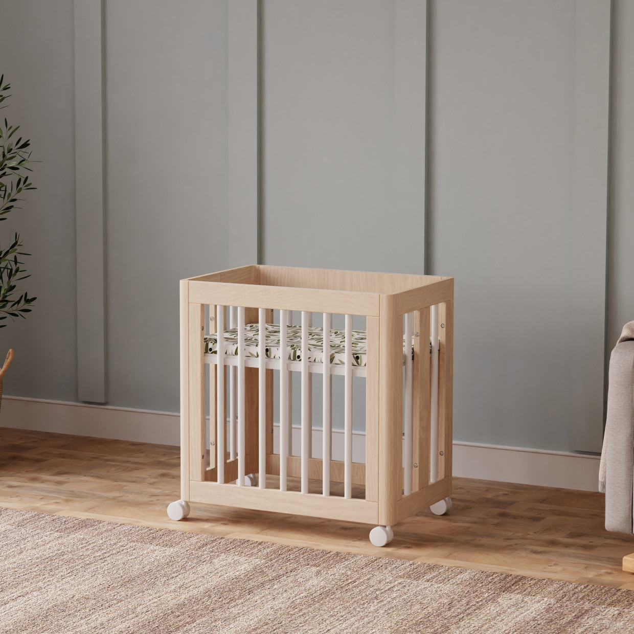 babyletto Yuzu 8-in-1 Convertible Crib with All-Stages Conversion Kits - Washed Natural / White.